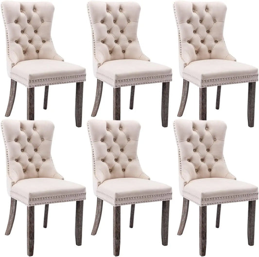 Set of 6 Velvet Tufted Dining Chairs – Upholstered High Back Chairs with Nailhead Trim & Ring Pull