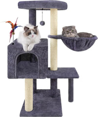 Multifunction Cat Tree with Cozy Hammock & Hanging Ball, Cat Tower with Activity Cat Condo Jute-Covered Scratching Posts, Grey