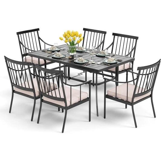 7 Piece Patio Dining Table Set with Cushion, Large Rectangular Metal Dining Table with Umbrella Hole & 6 Cushioned Iron Chairs