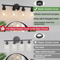 4-Light Bathroom Light Fixtures, Matte Black Modern Vanity Lights Over Mirror with Clear Glass Shade, Bathroom Wall Lamp