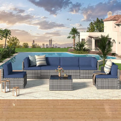 7 Piece Outdoor Patio Furniture Set, PE Rattan Outdoor Grey Wicker Furniture, Outdoor Sectional Furniture Chair Set with Cushion