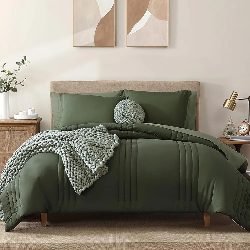 King Size Comforter Set - 7 Pieces Bed in a Bag King, Olive Green Bedding Sets with Comforter, All Seasons Down Duvet Cover Sets