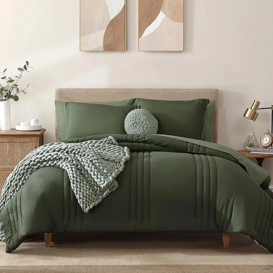 King Size Comforter Set - 7 Pieces Bed in a Bag King, Olive Green Bedding Sets with Comforter, All Seasons Down Duvet Cover Sets