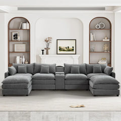 145" U Shaped Cloud Couch Sectional for Living Room, Oversized Modern Modular Sofa with Movable Ottoman, Comfy Fluffy Chenille