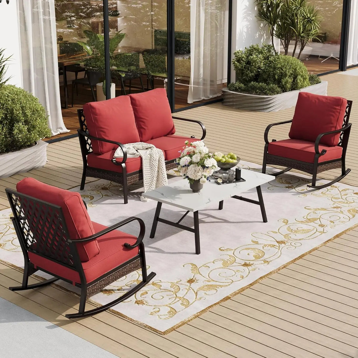 4 Piece Metal Outdoor Patio Furniture Set, Patio Conversation Sets 2-Seater Sofa, 2 Single Sofa and Coffee Table