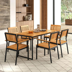 7 Piece Outdoor Dining Set for 6, Wood Rectangular Dining Table & 6 Armchairs w/Metal Frame, Umbrella Hole, Dining Furniture Set