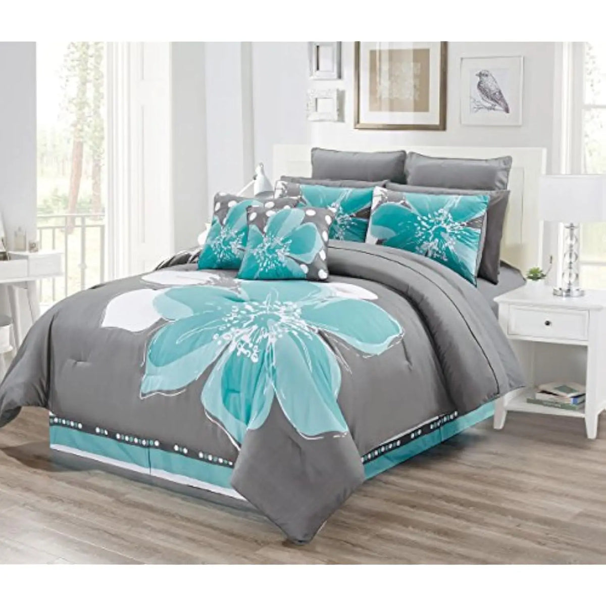 12 - Piece Aqua Blue, Grey, White Floral Bed-in-a-Bag (Double) Full Size Bedding + Sheets + Accent Pillows Comforter Set