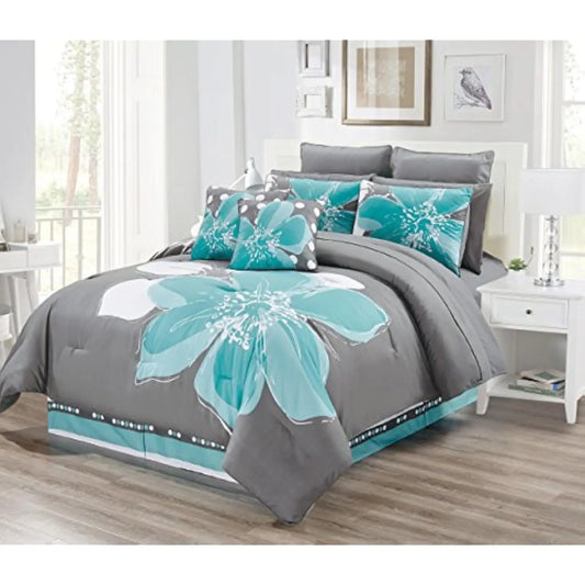12 - Piece Aqua Blue, Grey, White Floral Bed-in-a-Bag (Double) Full Size Bedding + Sheets + Accent Pillows Comforter Set