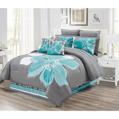 12 - Piece Aqua Blue, Grey, White Floral Bed-in-a-Bag (Double) Full Size Bedding + Sheets + Accent Pillows Comforter Set
