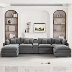 145" U Shaped Cloud Couch Sectional for Living Room, Oversized Modern Modular Sofa with Movable Ottoman, Comfy Fluffy Chenille