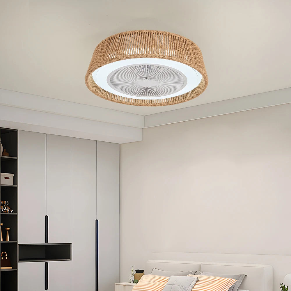 21" Modern Rustic Ceiling Fan Light with LED RGB Mood Lighting, Rope Woven Design, Quiet Fan, Semi Flush Mount for Bedroom