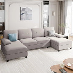 Living Room Sectional Sofa, 4-seater Set U-shaped Sofa with Double Chaise Longue, Large 106-inch Modern Fabric Sofa