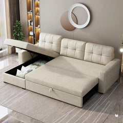 Pull-Out Couch with Storage Chaise and Armrests, Convertible Sectional Sleeper Sofa Bed with Removable Back Cushions