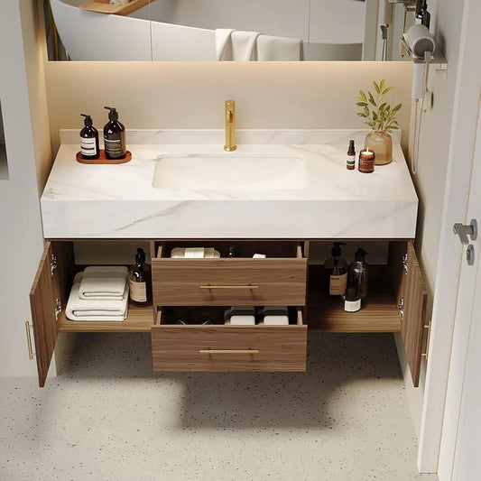 Modern 39" Floating Bathroom Vanity Set Stone Top Wall Mounted Bathroom Cabinet with Ceramic Sink Included 2 Drawers and Shelves
