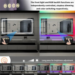 LED Bathroom Mirror Rectangular Wall Vanity Mirror Dimmable with 8 RGB Backlit 3 Front Color Anti-fog, Memory