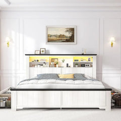 EnHomee Queen Bed Frame with Headboard and Storage, 4 Drawers & LED & USB Bed Frame Queen Size with Storage Farmhouse, Built in