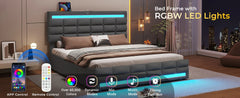 LED Bed Frame with 4 Drawers & USB Charging Station, Upholstered Platform Queen Size Bed with LED Headboard & Footboard