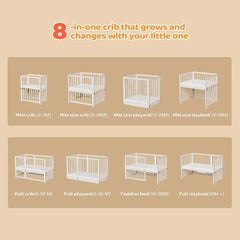 8-in-1 Convertible Crib with 2" Mattress, Convert from Bassinet, Mid Crib to Full Size Crib, Height Adjustable