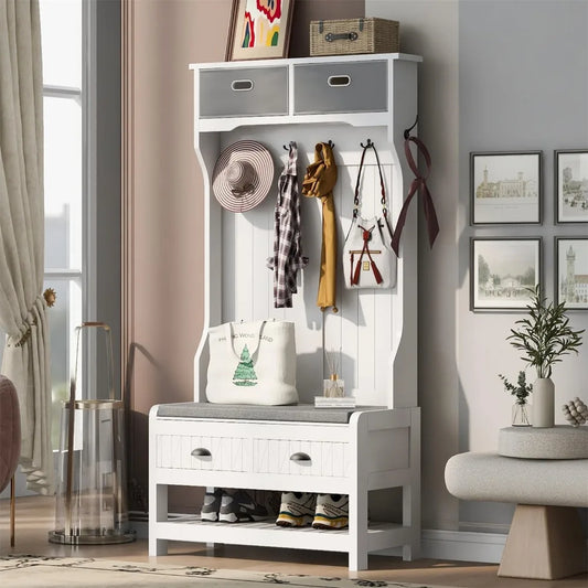 Hall Tree with 4 Metal Hooks, 2 Sliding Drawers, Top Shelves and Shoes Storage Shelf, Hallway Coat Rack Entryway Bench