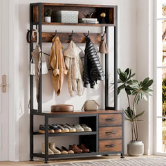 Hall Tree with Bench and Shoe Storage, 31.5" Coat Rack Freestanding with 2-Tier Storage Shelf, 6-in-1 Entryway Bench Coat