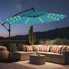 10ft Solar Lights Offset Cantilever Patio Umbrella - with Light and Base, LED Lighted Offset Hanging Patio Outdoor Market