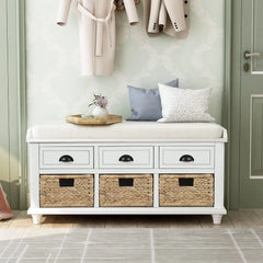 Storage Bench with 3 Drawers, 3 Rattan Baskets and Removable Cushion for Entryway, Shoe Bench End of Bed Bench 3-Cube