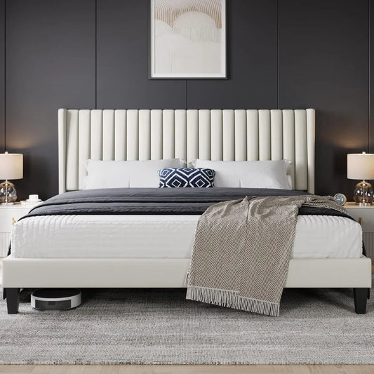 Yaheetech King Bed Frame Upholstered Platform Bed with Fabric Headboard, Wing Edge Design/Non-Slip and Noise-Free/Wooden Slats S