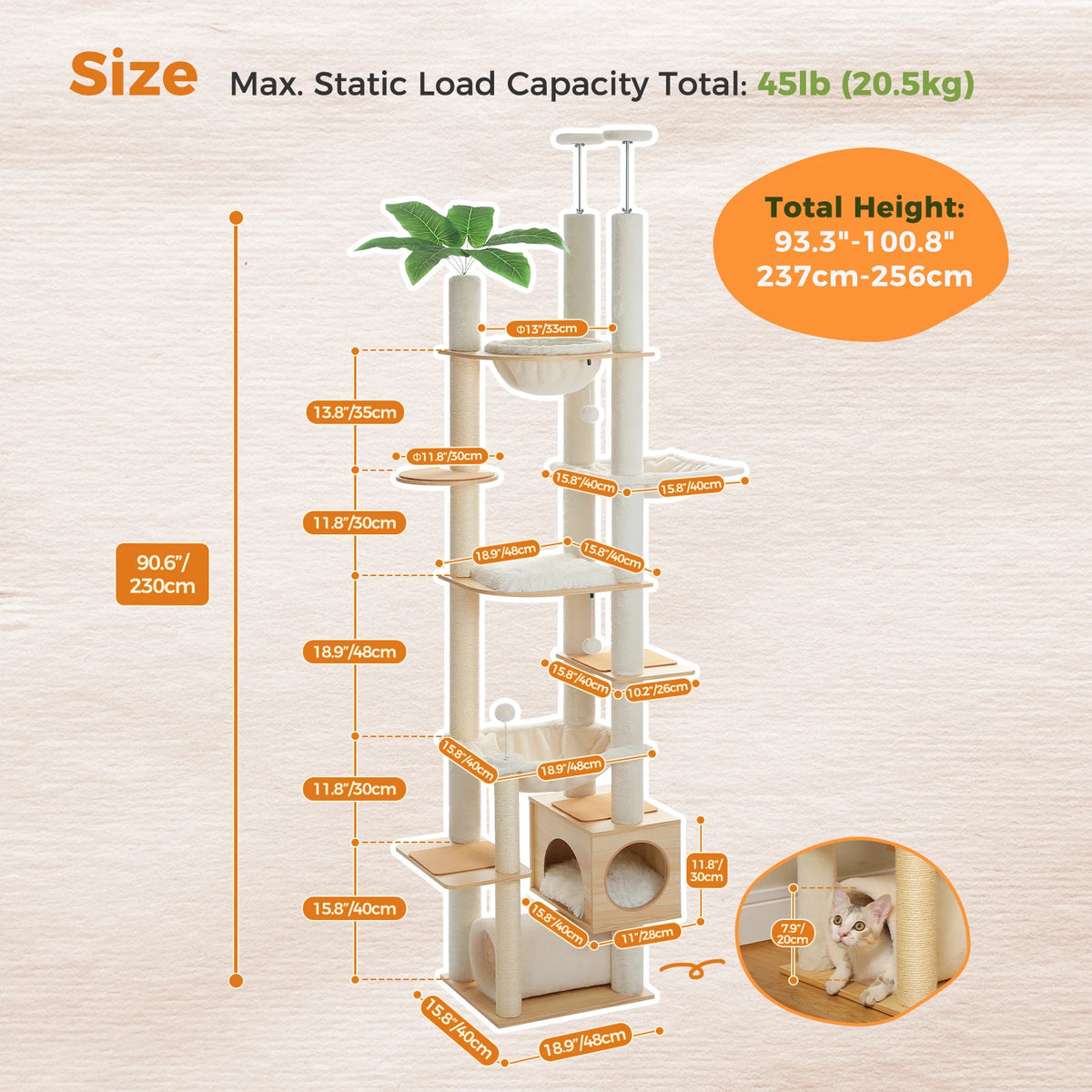 Floor to Ceiling Cat Tree with Scratching Posts Spacious Condo Hammock Tunnel Indoor Height Adjustable Wooden Cat Tower Cat Toys