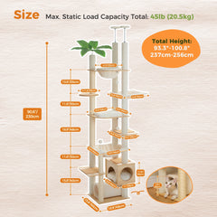 Floor to Ceiling Cat Tree with Scratching Posts Spacious Condo Hammock Tunnel Indoor Height Adjustable Wooden Cat Tower Cat Toys