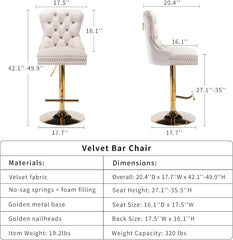 Velvet Swivel Bar Stools Set of 4 with Upholstered Back, Adjustable Counter Height Barstools, Bar Chairs for Home Bar Kitchen