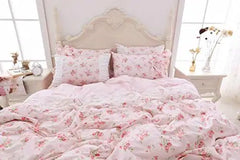 Romantic Roses Print Duvet Cover Set With Bed Skirt Pink Lace Ruffle Floral Shabby Chic Bedding Sets Queen 4 Piece