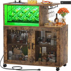 Wine Bar Cabinet with Wheels, Small Liquor Cabinet with LED Light, Coffee Bar with Wine Rack, Home Bar Cart with Power Outlets