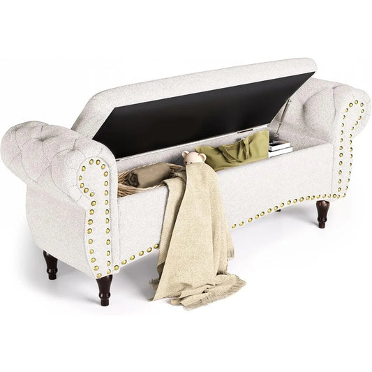 Storage Ottoman Bench, 53" Length Upholstered Benches, Tufted Bed Benches with Rolled Arm and Nailhead Trim, Bench