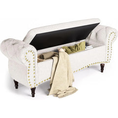 Storage Ottoman Bench, 53" Length Upholstered Benches, Tufted Bed Benches with Rolled Arm and Nailhead Trim, Bench