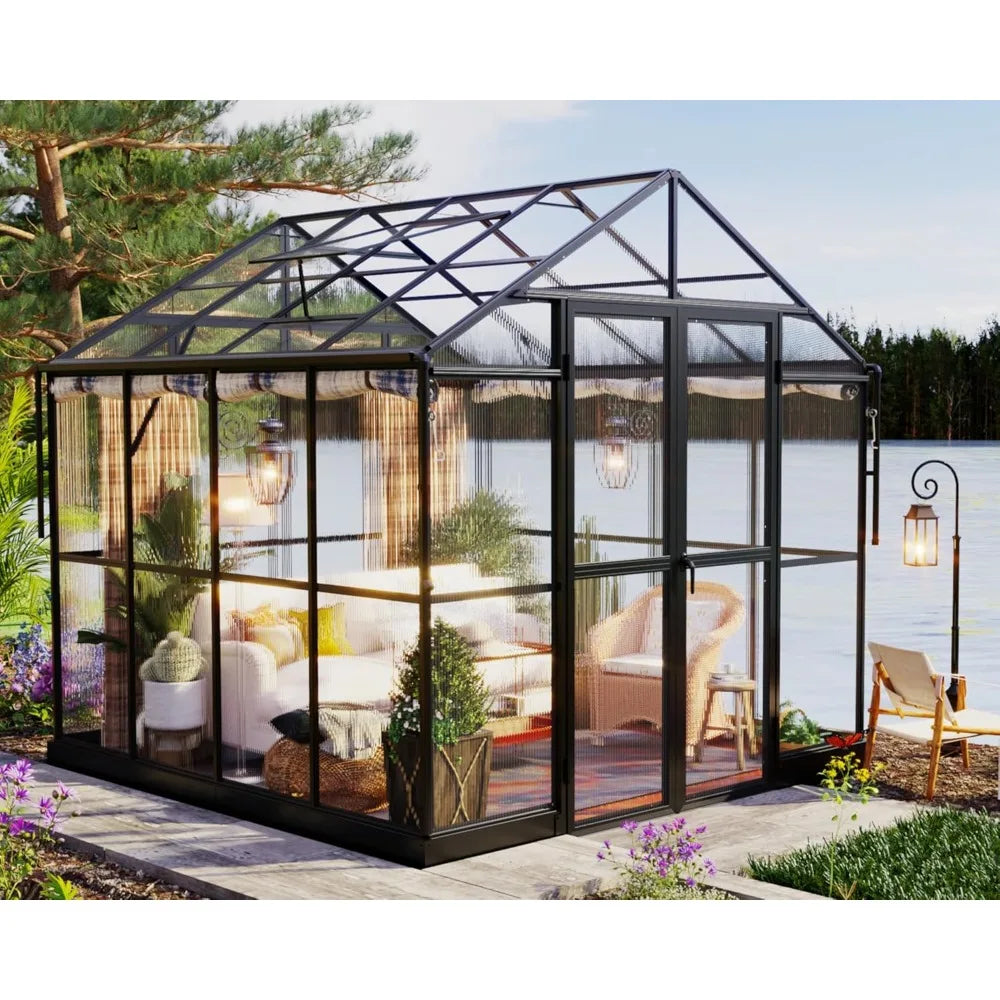 Aluminum Polycarbonate Greenhouse with Ventilation and Rain Gutter, Double Swing Doors with Hook, Greenhouses