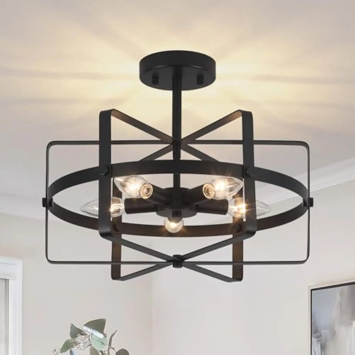 Black Semi Flush Mount Ceiling Light, 12.59'' Modern Industrial Close to Ceiling Light Fixture Vintage Farmhouse Chandelier for