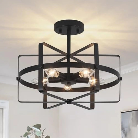 Black Semi Flush Mount Ceiling Light, 12.59'' Modern Industrial Close to Ceiling Light Fixture Vintage Farmhouse Chandelier for