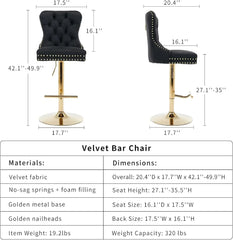 Velvet Swivel Bar Stools Set of 4 with Upholstered Back, Adjustable Counter Height Barstools, Bar Chairs for Home Bar Kitchen