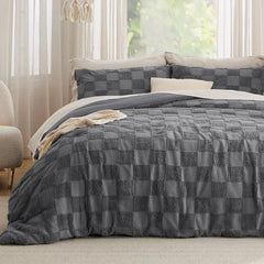 Boho Duvet Cover King Size - Checkered King Duvet Cover Set for All Seasons, 3 Pieces Soft Shabby Chic Embroidery Boho Bedding