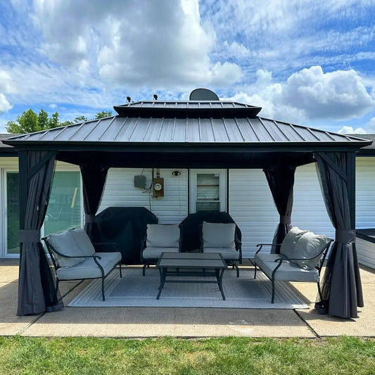10' X 14' Gazebo Outdoor Gazebo with Dual-Layer Galvanized Steel Double Roof for Patio Lawn Garden Aluminum Gazebo