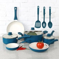 12-Piece Corsair Blue Nonstick Aluminum Cookware Set Home Kitchen Utensil Collection