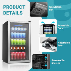 Beverage Refrigerator and Cooler, 126 Can Mini fridge with Glass Door, Small Refrigerator with Adjustable Shelves