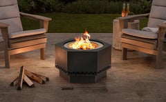 Smoke Free Hexagonal Outdoor Fire Pit with PVC Cover and Fire Rod, Black Terrace Wood Burning, 26 in