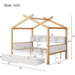 Full Size House Bed with Storage Drawers for Kids,Full Kids Bed Frame with Bookshelves,Wooden House Frame for Girls,Boys