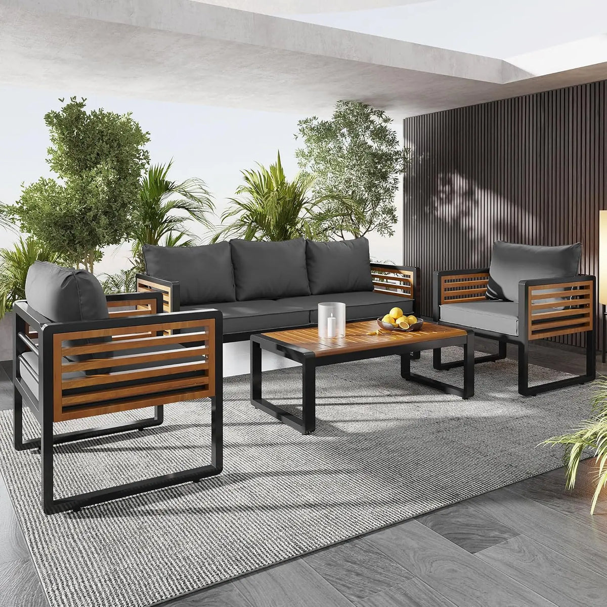 4-Pieces Outdoor Patio Sectional Sofa Set with Table, All-Weather 5 Person Conversation Set with Thick Cushions and Pillows