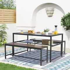 Outdoor Picnic Table and Bench Set with 2" Umbrella Hole and Storage Shelf, Patio Dining Set for 6 People, Outdoor Dining Table