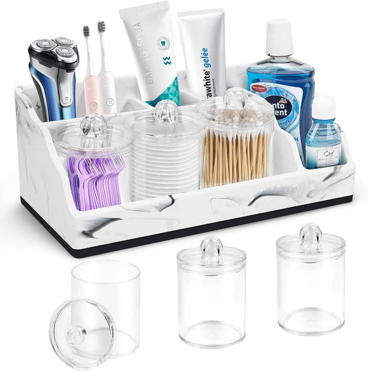Bathroom Organizer Countertop White Marble Toothbrush Holders for Bathrooms with 3PCS Qtip Holder Dispenser, Toothbrush and Toot