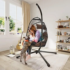 Hanging Egg Swing Chair, Outdoor Wicker Hammock Chairs Without Stand UV Resistant Cushion 350lbs for Patio, Patio Swing