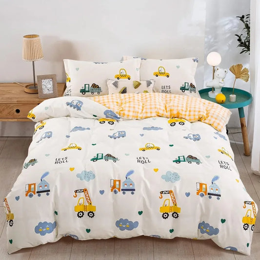 Kids Duvet Cover Set Full Size, Cotton Cartoon Car Truck Bedding Set for Boys Girls, 3 Pieces Soft Breathable White Yellow Plaid