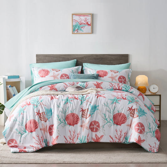 7 Piece Bed In A Bag Bed Comforter Set Queen, Fashion Starfish Coral Print, Boho Print Comforter And Sheet, Pillowcase Set,
